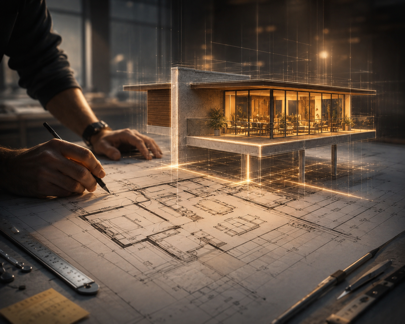 Mesa de trabajo con planos constructivos y modelo digital de una vivienda